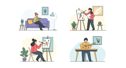 Four distinct illustrations showcasing individuals engaged in creative artistic endeavors and musical pursuits