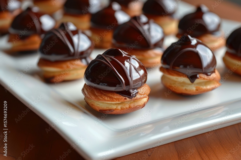 Poster chocolate covered cream puffs arranged on a white rectangular plate, creating a tempting display of 