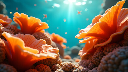 Vibrant Abstract Underwater Coral Landscape with Sunlight and Turquoise Water