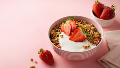 bowl of granola with yogurt and strawberries against a soft pink background