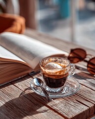Cup of coffee with ice cream and book on wooden table.