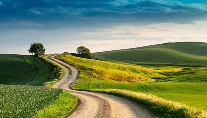 charming countryside scene with winding dirt road and green fields