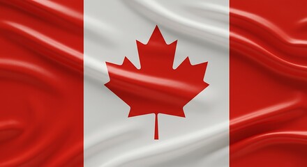 Waving Flag with Red Maple Leaf on White, Red Stripes Fabric Texture
