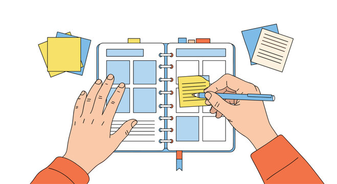 Organizing daily tasks and important reminders in a planner or journal with a pen and sticky notes for efficient time management and productivity improvement