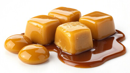 High-contrast image of soft caramel candies dripping with a luxurious golden caramel drizzle.