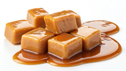 A professional food shot of glossy caramel squares with a flowing, amber-colored sauce.