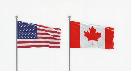 Waving Flags of United States and Canada Against White Background