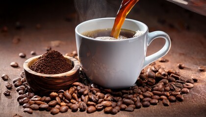 coffee being poured into a cup surrounded by beans and a small bowl of beans