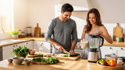 Happy couple preparing healthy meal together in modern kitchen, chopping fresh vegetables and blending ingredients, home cooking and wellness lifestyle concept