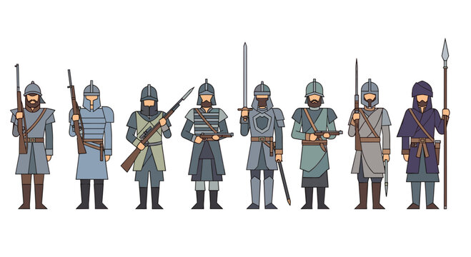 Collection of historical military soldiers and warriors depicting diverse combatant uniforms and weaponry across eras