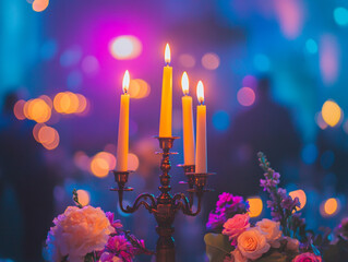 A close-up of a candelabra with lit white candles next to a bouquet of pink and white flowers, all set against a blurry purple background with bokeh lights.