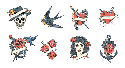 Naklejka premium A collection of classic tattoo designs featuring skulls birds hearts dice and anchors