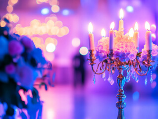 A close-up of a candelabra with lit white candles next to a bouquet of pink and white flowers, all set against a blurry purple background with bokeh lights.
