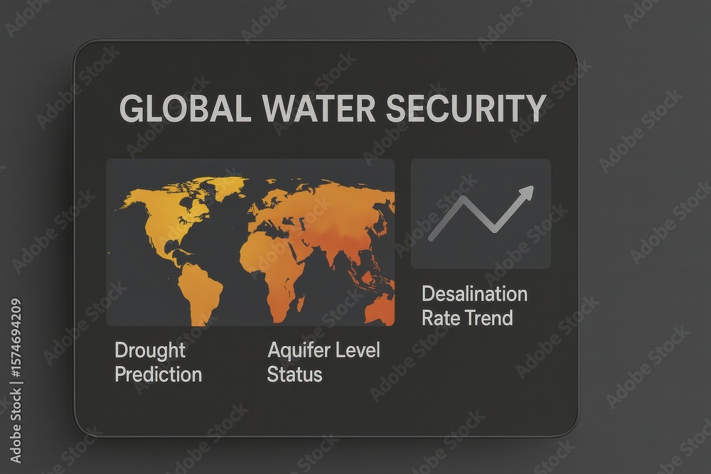Poster global water security dashboard displaying drought prediction map, aquifer level status, and desalin