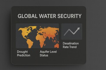 Global Water Security Dashboard Displaying Drought Prediction Map, Aquifer Level Status, and Desalination Trend Graph
