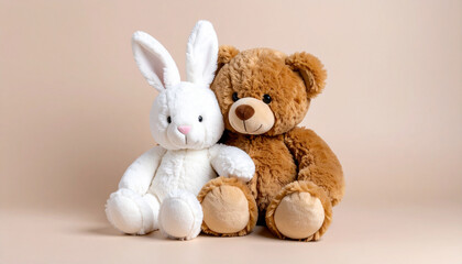 Fototapeta premium A brown teddy bear and a white bunny plush toy sitting close together in a warm hug