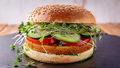 delicious veggie burger stacked with fresh vegetables and sprouts served on a sesame seed bun