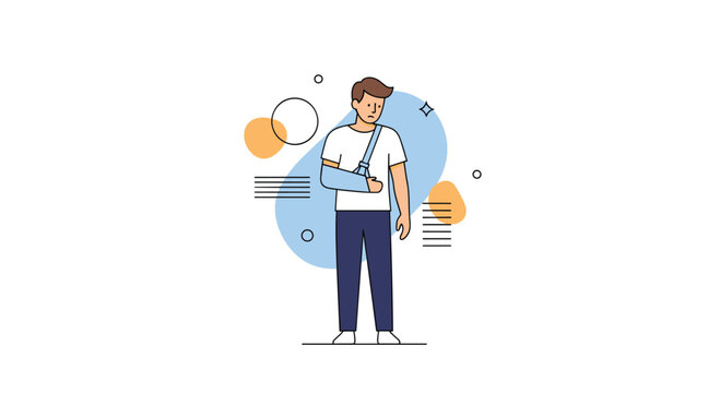Young man with arm in sling after injury experiencing pain and seeking medical attention for recovery and rehabilitation support