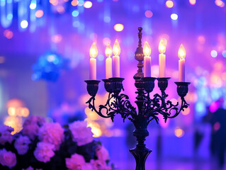A close-up of a candelabra with lit white candles next to a bouquet of pink and white flowers, all set against a blurry purple background with bokeh lights.