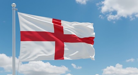 Waving White Flag with Red Cross Against Blue Sky Background