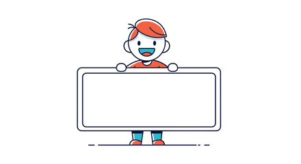 A cheerful cartoon boy holds a blank white signboard ready for your message or advertisement design showing a friendly character with an empty banner for content creation and promotion needs