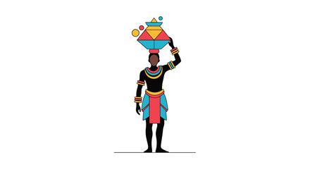 Fototapeta premium A detailed vector illustration of an african person balancing a colorful pot on their head while wearing traditional attire