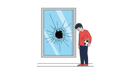 A boy standing near a broken window holds a soccer ball after accidentally kicking it through the glass