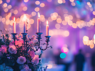 A close-up of a candelabra with lit white candles next to a bouquet of pink and white flowers, all set against a blurry purple background with bokeh lights.