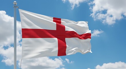 Waving White Flag with Red Cross against Blue Cloudy Sky
