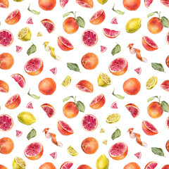 Seamless pattern with watercolor illustration of grapefruit and lemon and orange with white flowers. Hand painted print with citrus branch with green leaves for wrapping paper, textile design