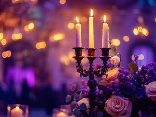 A close-up of a candelabra with lit white candles next to a bouquet of pink and white flowers, all set against a blurry purple background with bokeh lights.