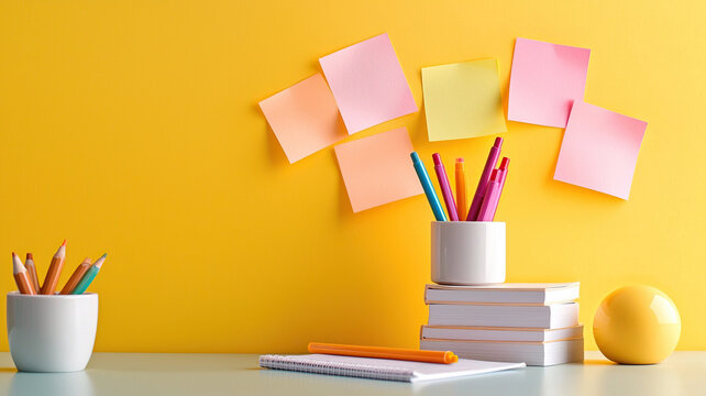 Bright desk with vibrant post it notes, colorful markers, and stacked notebooks creates inspiring workspace. cheerful yellow background enhances creativity and productivity - Powered by Adobe