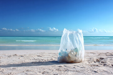 Bag full of plastic bottles collected during beach cleanup