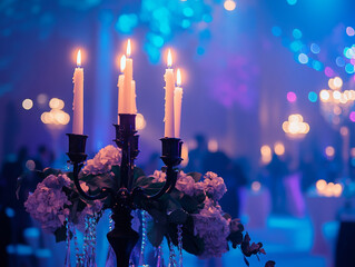 A close-up of a candelabra with lit white candles next to a bouquet of pink and white flowers, all set against a blurry purple background with bokeh lights.