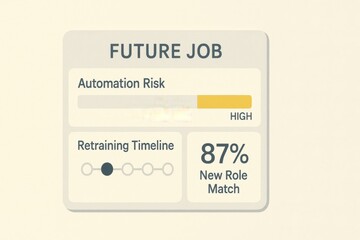 Future Job Dashboard Showing Automation Risk Level, Retraining Timeline, and New Role Match Percentage
