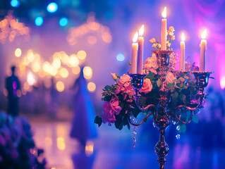A close-up of a candelabra with lit white candles next to a bouquet of pink and white flowers, all set against a blurry purple background with bokeh lights.