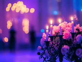 A close-up of a candelabra with lit white candles next to a bouquet of pink and white flowers, all set against a blurry purple background with bokeh lights.