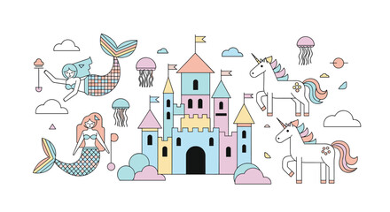 Enchanting mermaid and unicorn kingdom adventure featuring a majestic castle and aquatic creatures floating in a dreamy sky