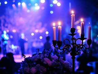 A close-up of a candelabra with lit white candles next to a bouquet of pink and white flowers, all set against a blurry purple background with bokeh lights.