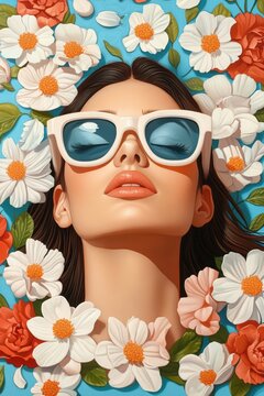 Portrait of a woman with lots of flowers. Abstract art of woman with flowers. International Women's Day, Mother's day concept. 