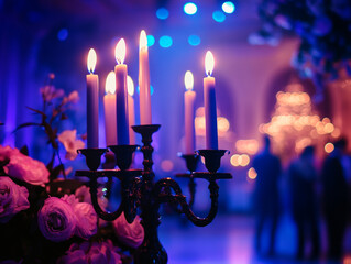 A close-up of a candelabra with lit white candles next to a bouquet of pink and white flowers, all set against a blurry purple background with bokeh lights.