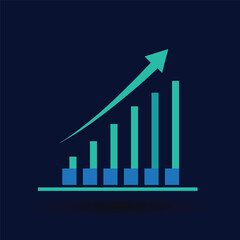 A stylized flat design bar chart with an upward trending line graph and arrow indicating growth and positive financial performance