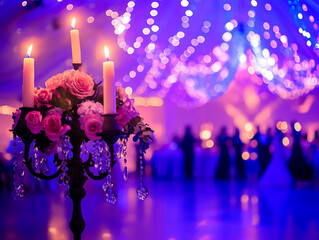 A close-up of a candelabra with lit white candles next to a bouquet of pink and white flowers, all set against a blurry purple background with bokeh lights.