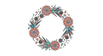 Whimsical hand drawn floral wreath with botanical elements and natural beauty