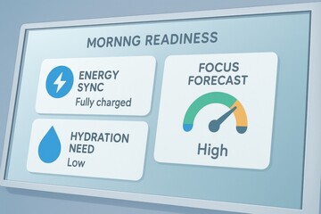 Morning Readiness Dashboard Displaying Energy Sync Level, Hydration Need Indicator, and Focus Forecast Gauge
