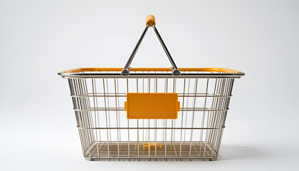 An empty shopping basket with yellow accents stands ready for groceries or product placement, ideal for retail or marketing concepts.