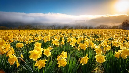 field of bright yellow daffodils in full bloom