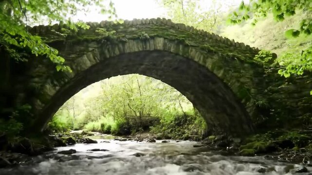 Old stone bridge in lush forest