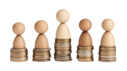 Stack of wooden coins symbolizing socioeconomic inequality and financial disparity in a conceptual visual metaphor isolated on white background