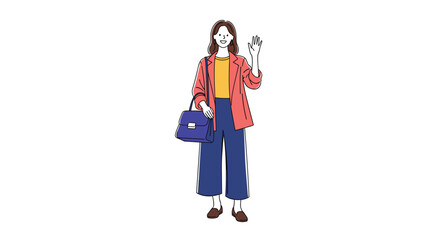 A woman in a stylish outfit holding a handbag and waving hello